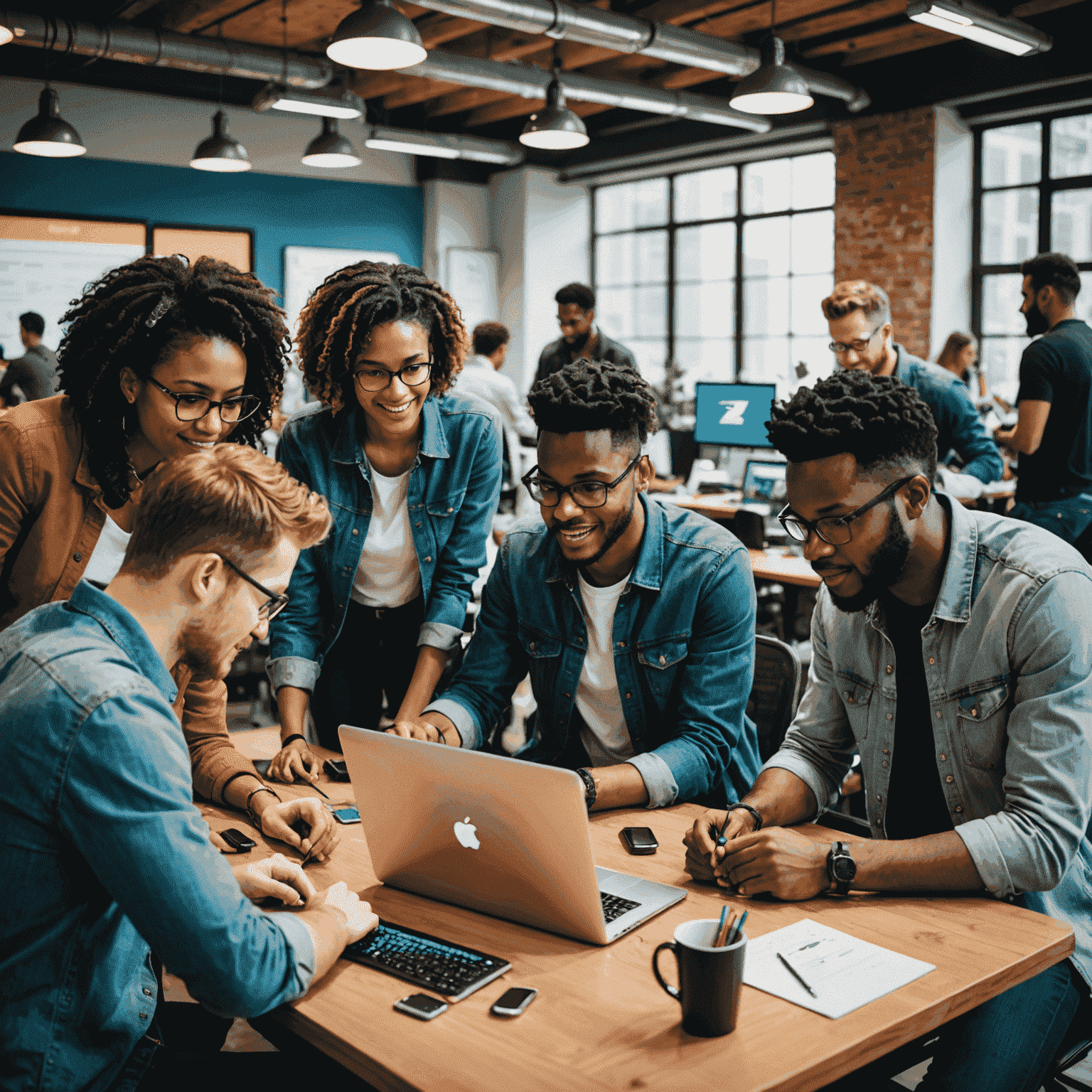 A diverse group of young professionals collaborating on a project, surrounded by computers and innovative technology. The image showcases teamwork, creativity, and a vibrant atmosphere typical of a hackathon event.