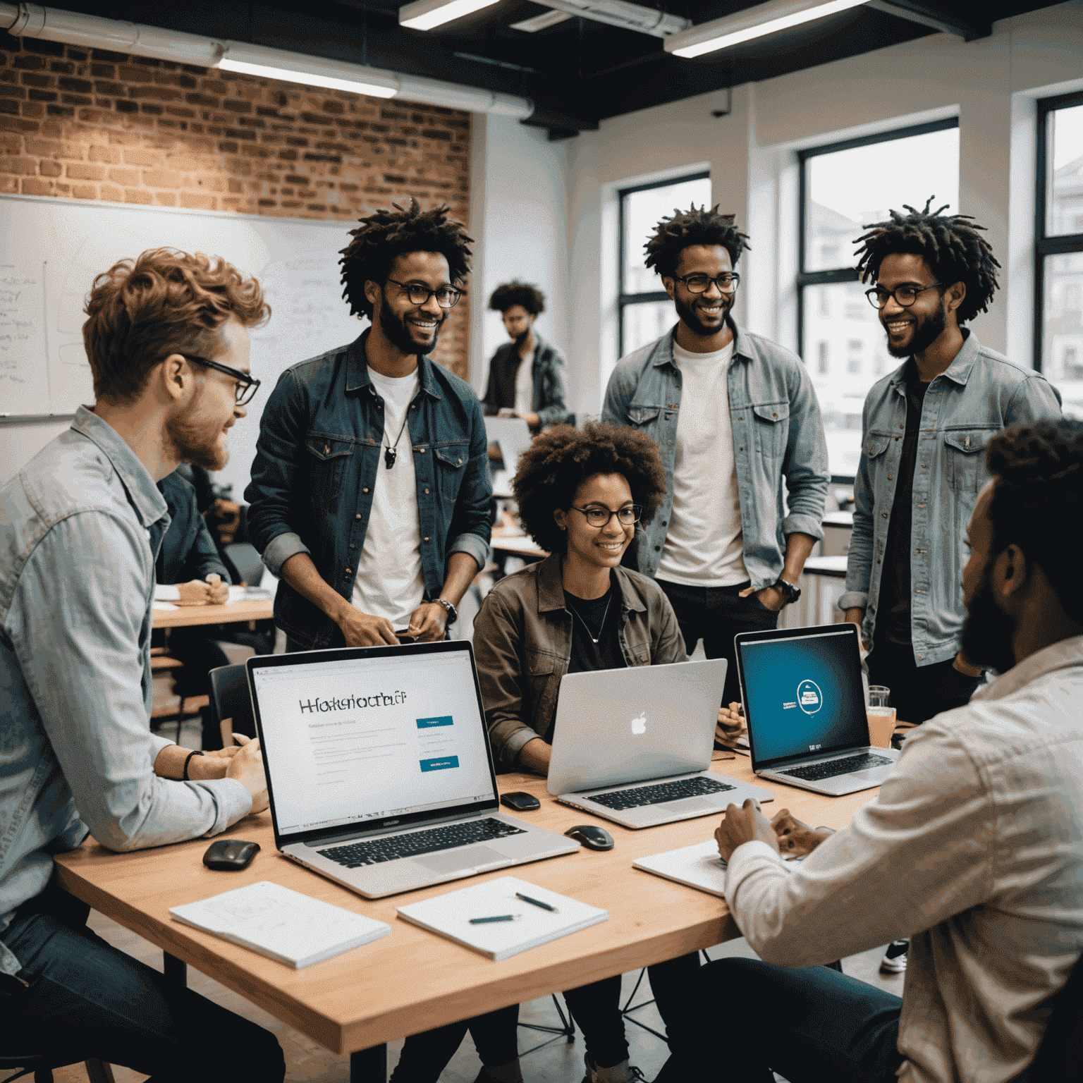 A group of diverse people working together at a hackathon, sharing ideas on a whiteboard and using laptops