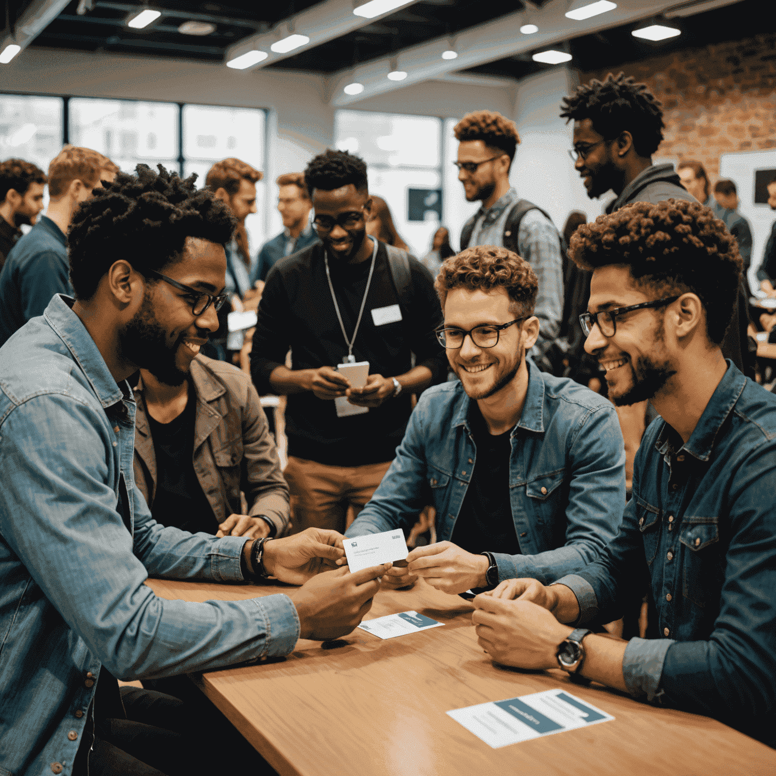 A diverse group of tech professionals networking at a hackathon event, exchanging business cards and engaging in animated discussions