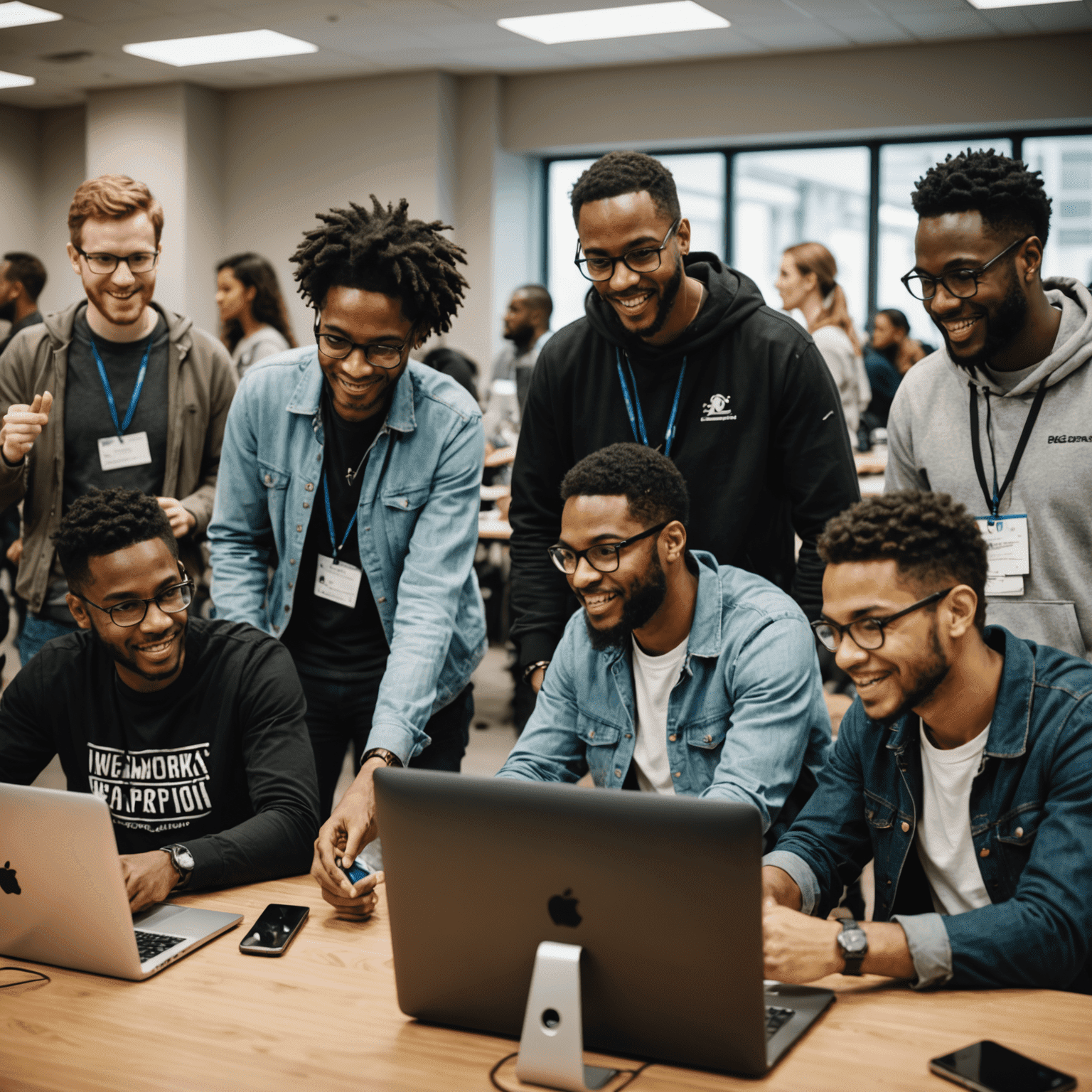 A diverse group of mentors guiding participants at a hackathon, pointing at computer screens and engaging in discussions