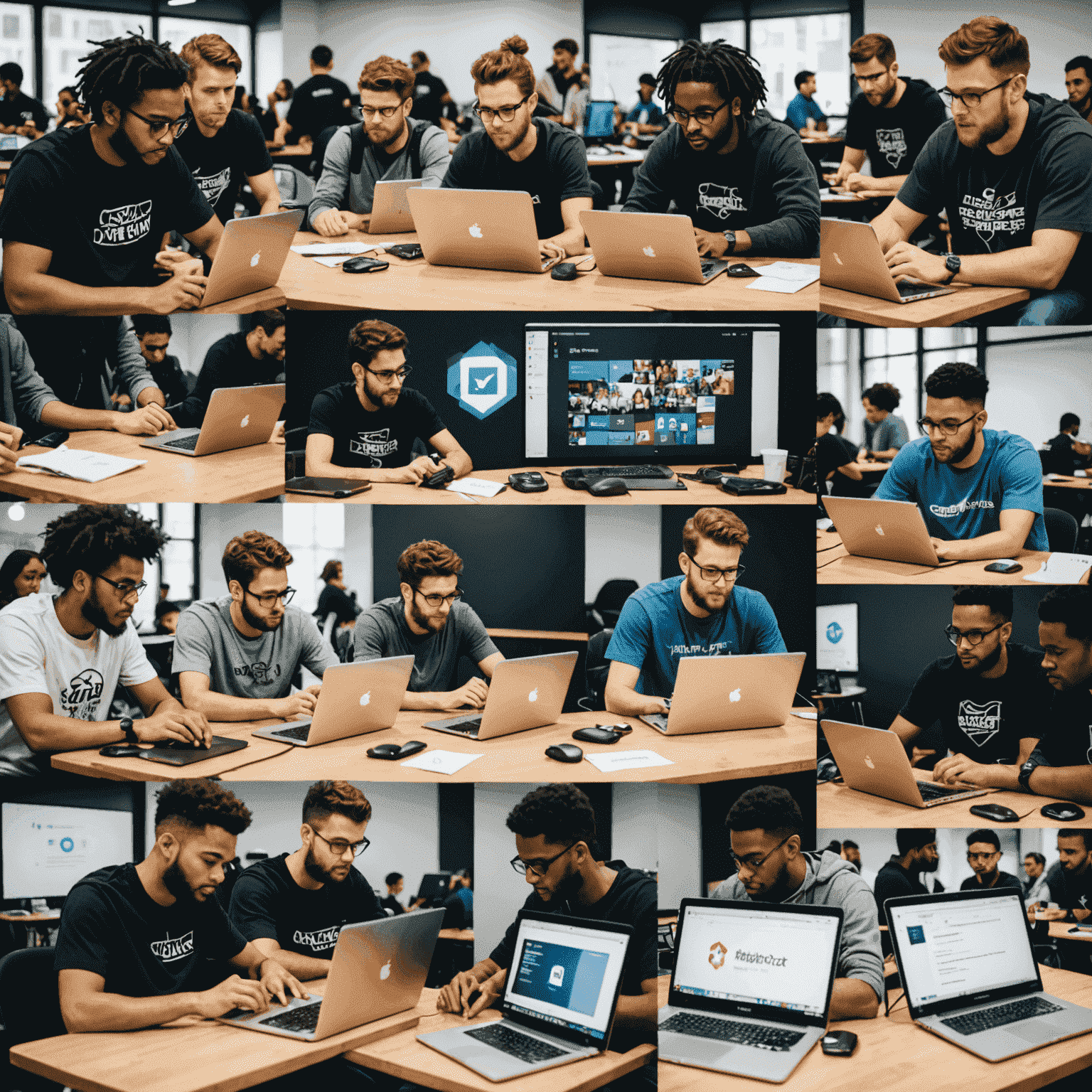 A collage of diverse teams working intensely on laptops during a hackathon, with startup logos emerging from their screens