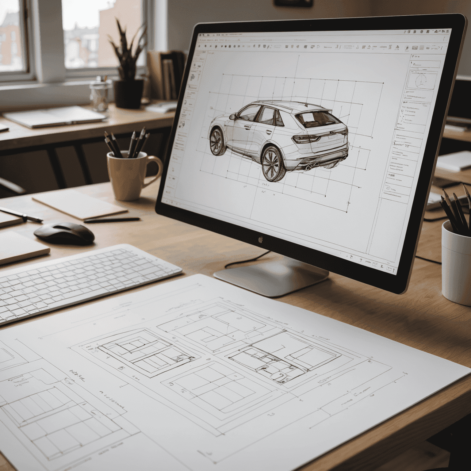 A series of images showing the progression from a sketch on paper to a digital wireframe to a functional prototype on a computer screen