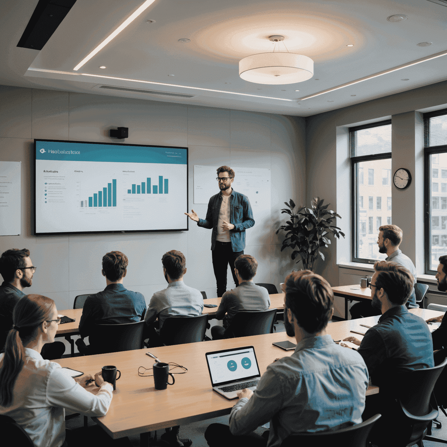 A mentor giving a presentation to a group of attentive hackathon participants in a modern conference room