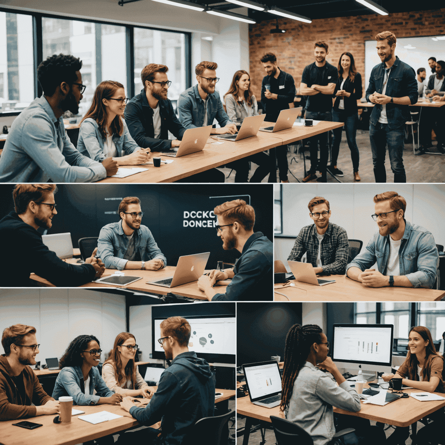 A split-screen image showing a diverse group of young professionals collaborating at a hackathon on one side, and the same individuals presenting their successful startup at a conference on the other