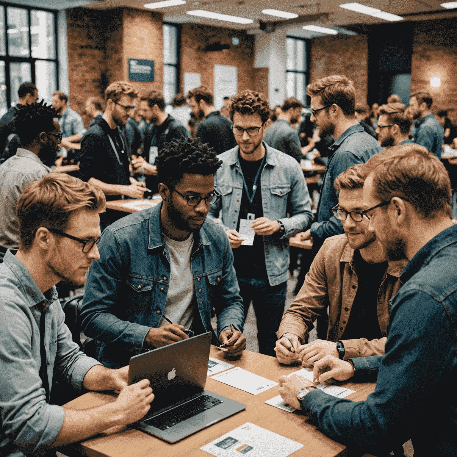 A bustling hackathon scene with participants exchanging business cards, engaging in conversations, and connecting over laptops