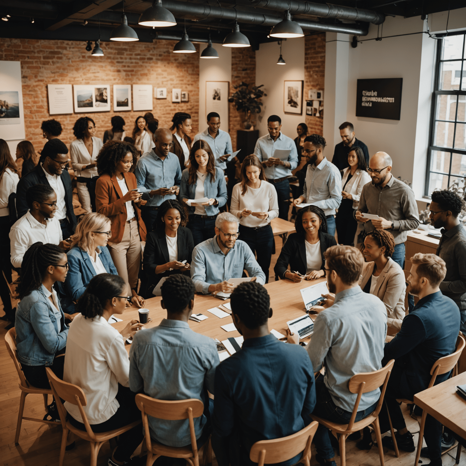 A crowded room with people exchanging business cards, engaging in conversations, and connecting over laptops