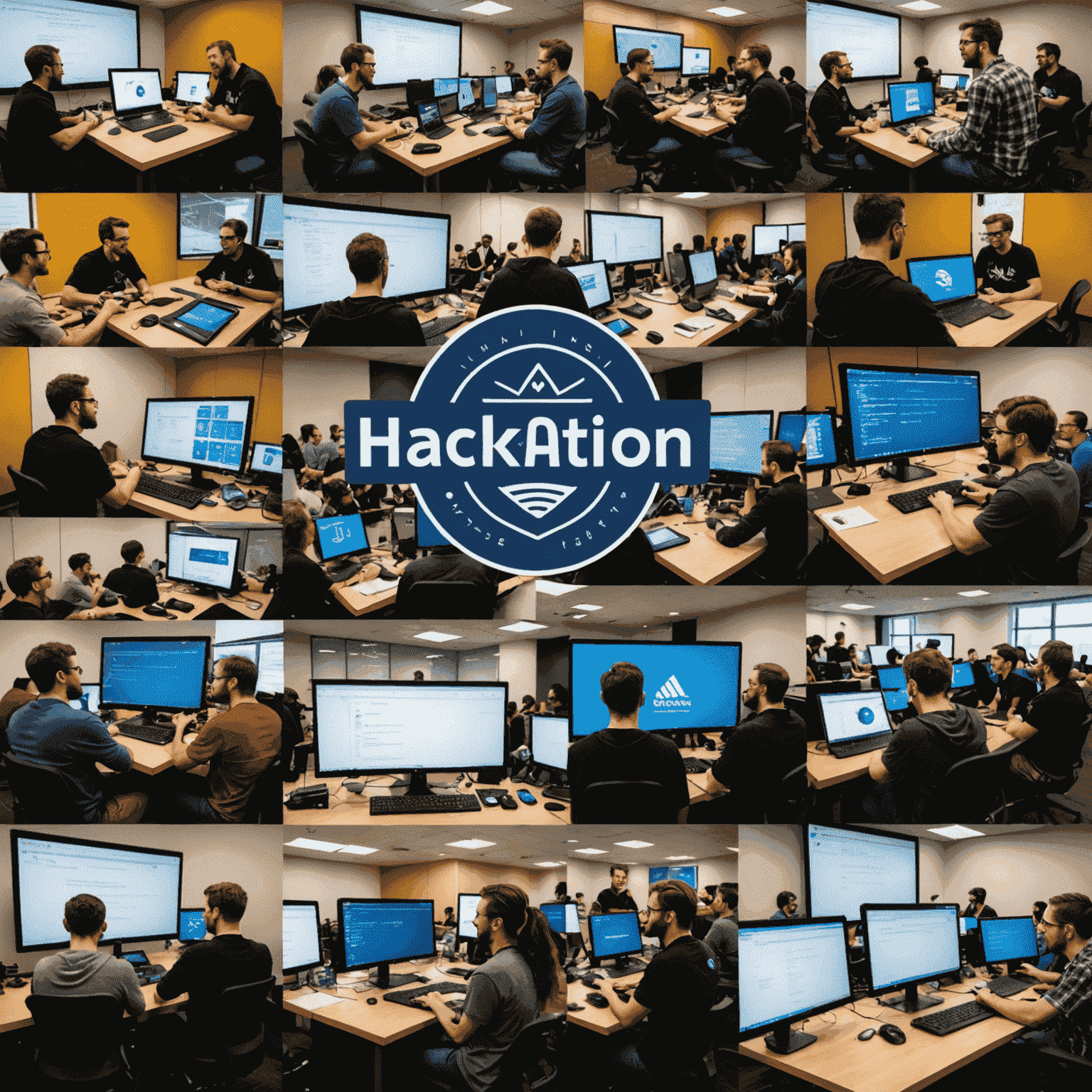 A montage of various hackathon scenes: teams brainstorming, coding furiously, and celebrating their finished projects, with startup logos and success metrics overlaid