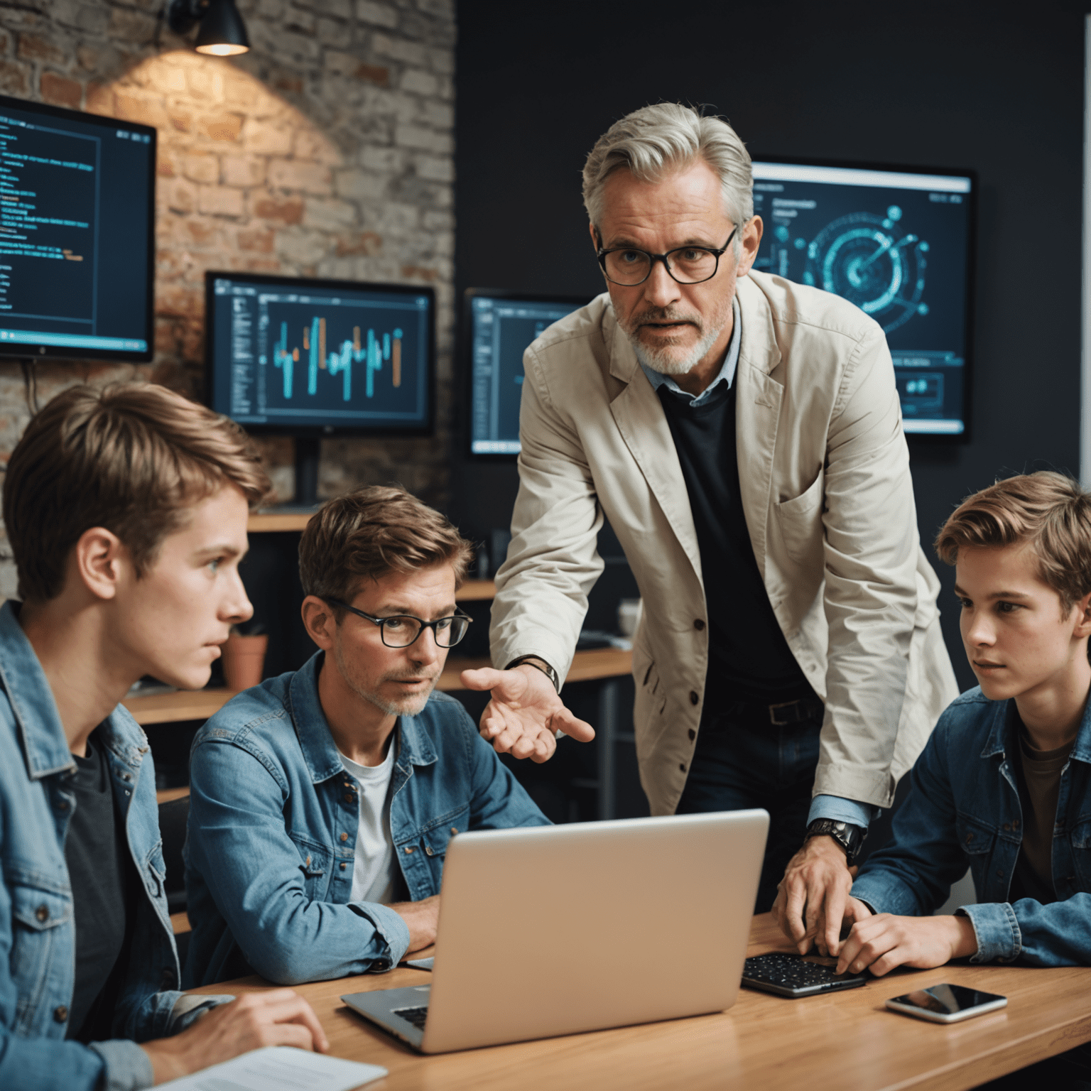 An experienced mentor guiding a group of young innovators, pointing at a computer screen with code