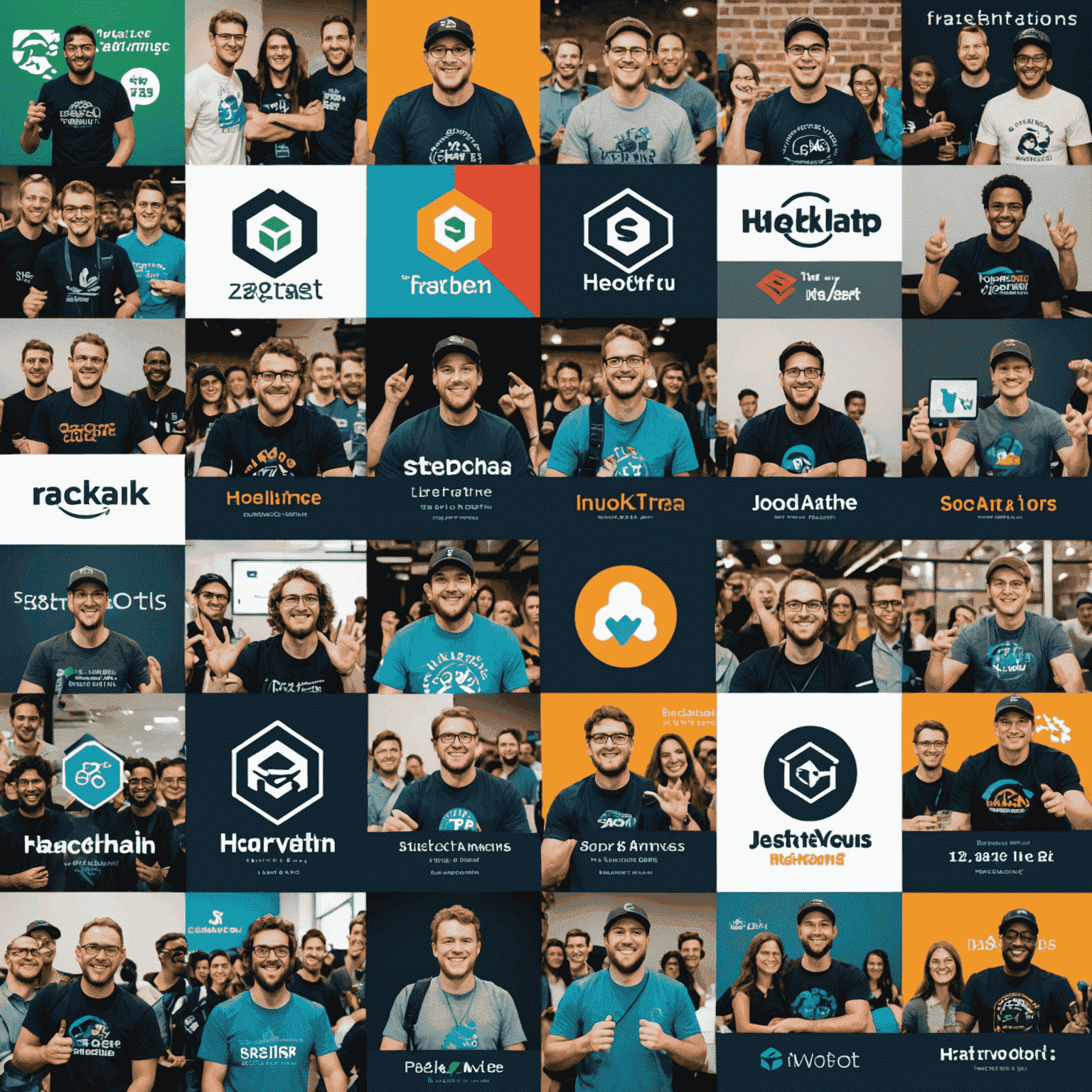 A collage of successful startup logos and teams celebrating their victories at hackathons